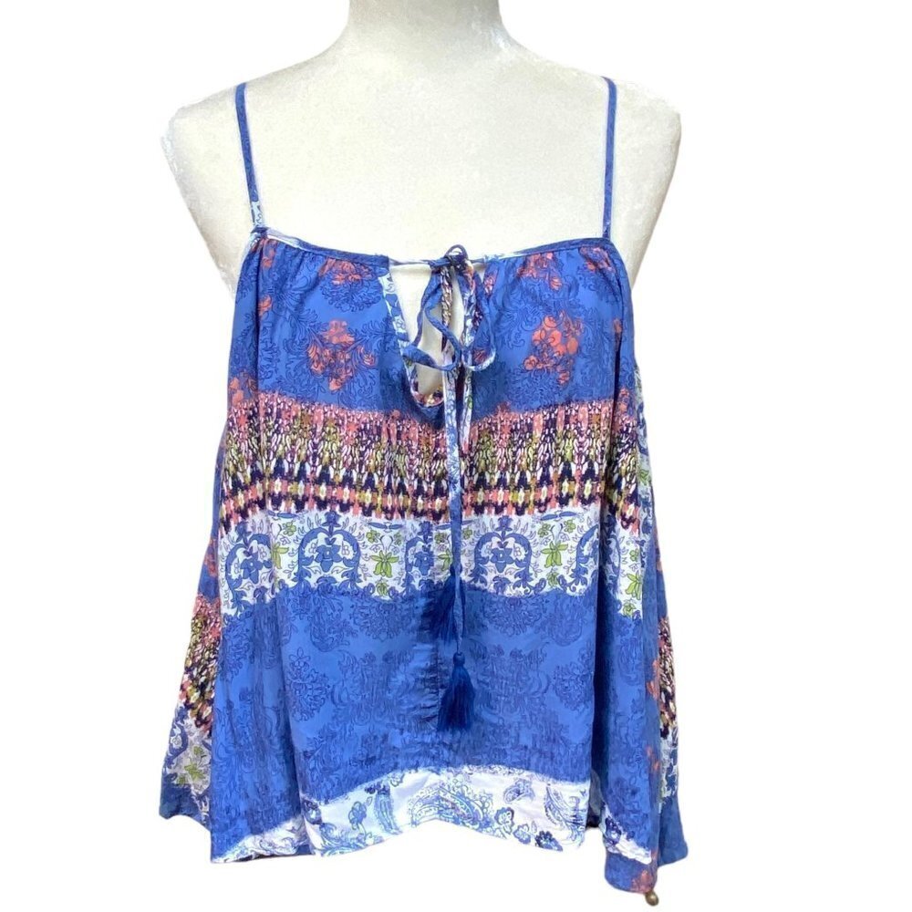 SURF GYPSY Cold Shoulder Top M/L Blue Boho Print Rayon Blouse